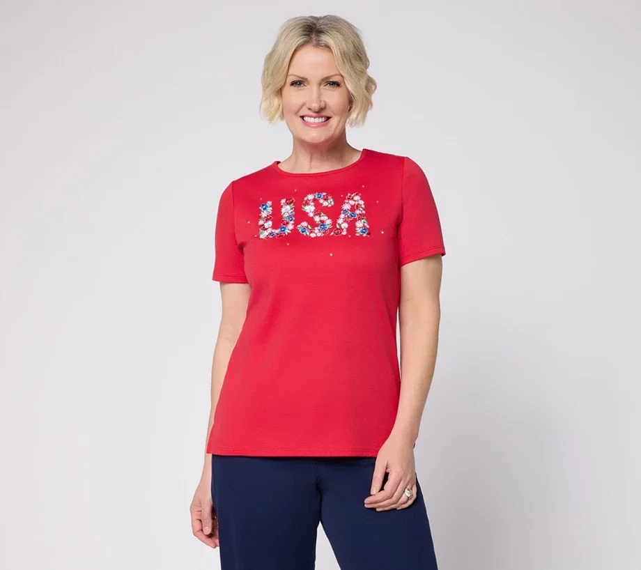 Quacker Factory Red, White and You Short Sleeve Top