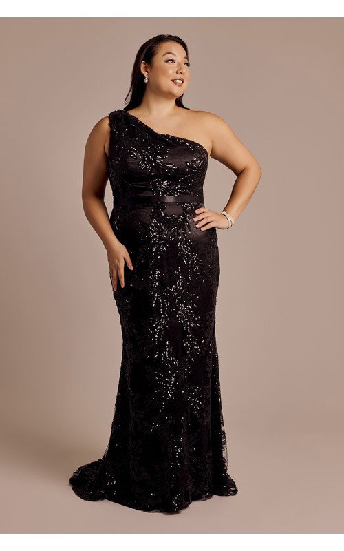 One-Shoulder Beaded Applique Mermaid Dress