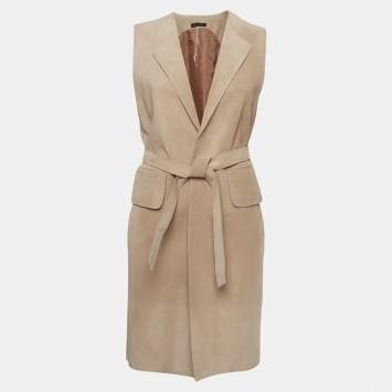 Beige Suede Open Front Mid-Len