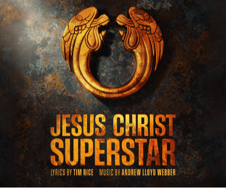 A circular emblem featuring two stylised figures, with the title "Jesus Christ Superstar" prominently displayed.