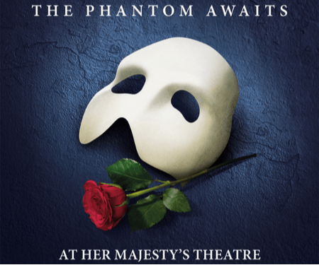 A white theatrical mask rests on a blue background, accompanied by a red rose.