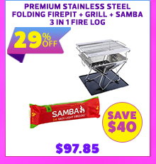 Premium Stainless Steel Folding Firepit + Premium Stainless Steel Firepit Grill + SAMBA 3 in 1 Fire Log