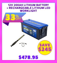 12V 200Ah Deep Cycle Lithium LiFePO4 Battery + Rechargeable Lithium LED Worklight