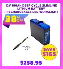 12V 100Ah Deep Cycle Slimline Lithium Battery + Rechargeable Lithium LED Worklight