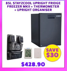 85L Stayzcool Upright Fridge Freezer MKII + Upright Fridge Organiser + Wireless Fridge Thermometer
