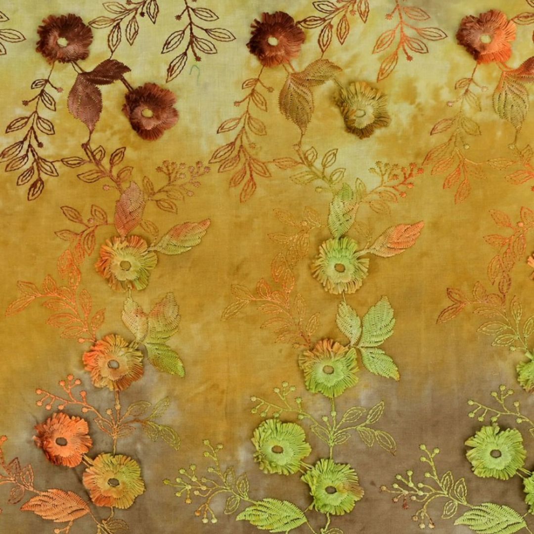 Tie Dye Floral Embroidered Cotton Fabric Gold