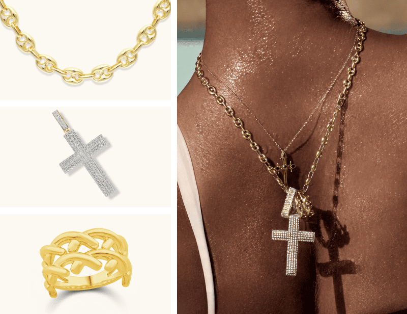 Chain necklace, cross pendant, ring, and model in pool wearing necklaces. 