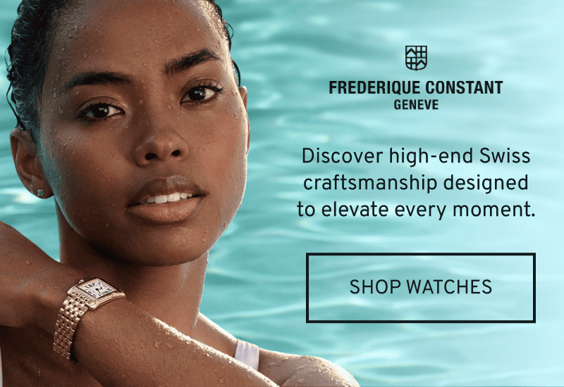 Model in water wearing Frederique Constant Geneve watch. Discover high end Swiss craftsmanship. Click to Shop Watches