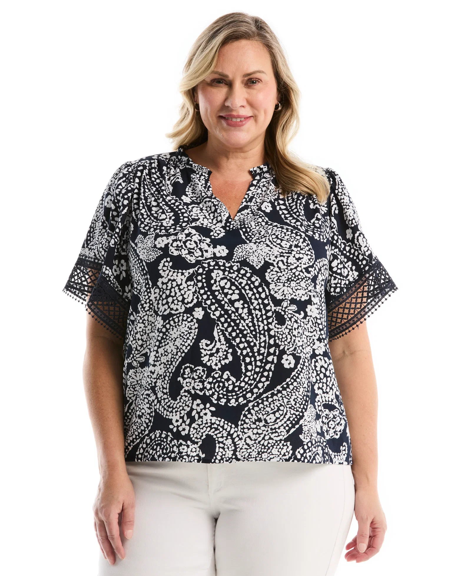 Image of Plus Size Paisley Print Flutter Lace Sleeve Blouse