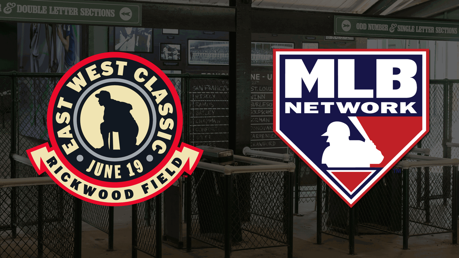 Logos for the East West Classic at Rickwood Field and MLB Network