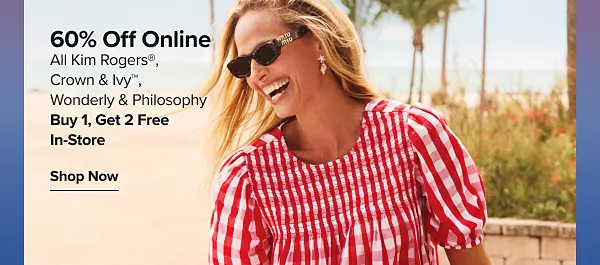 60% off Crown and Ivy, Wonderly, Kim Rogers and more. Shop now. A woman sitting outside in a red and white checkered shirt.