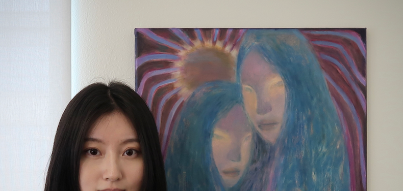 photo of Siting with her art collection