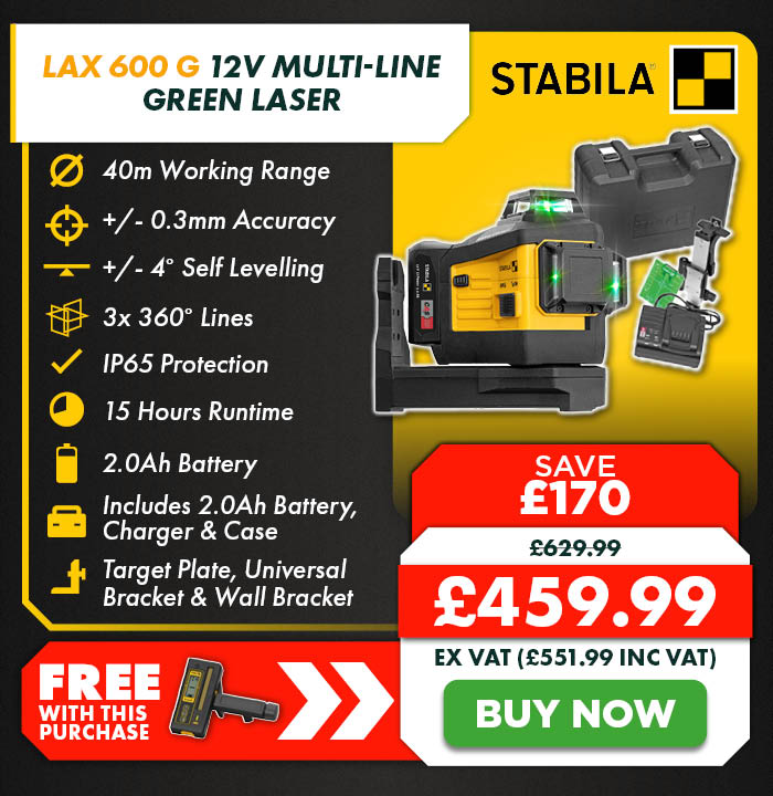 Stabila LAX 600 G 12V Multi-Line Green Laser, 1x 2.0Ah Battery, Charger & Case