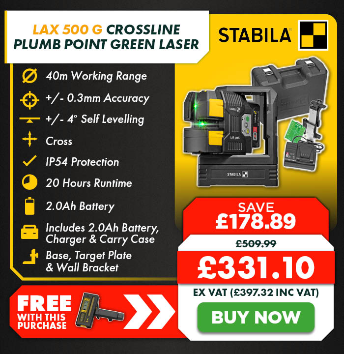 Stabila LAX 500 G Crossline Plumb Point Green Laser, SLB 500 Base, Target Plate, SWB10 Wall Bracket, 1x 2.0Ah Battery, Charger & Case