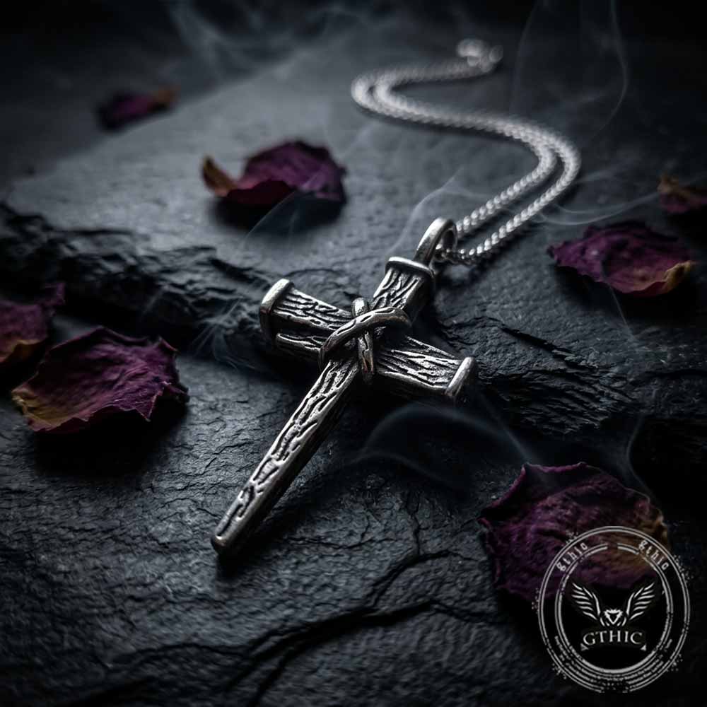 Image of Retro Wooden Stake Cross Stainless Steel Pendant