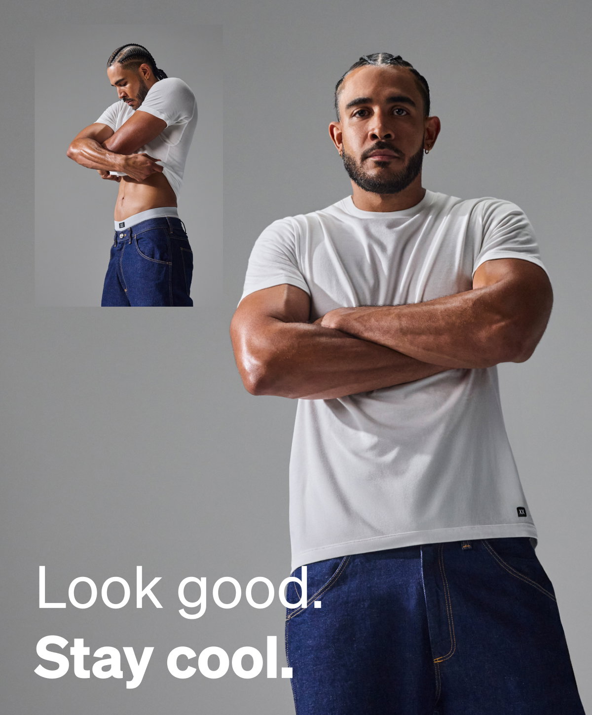 Model wearing a white performance tee DropTemp® Dry and jeans with the headline “Look good. Stay cool.” showcasing the shirt’s clean, everyday fit.