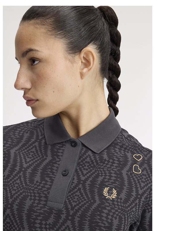 Female model wearing a Fred Perry x Amy Winehouse Foundation Printed Fred Perry Shirt 