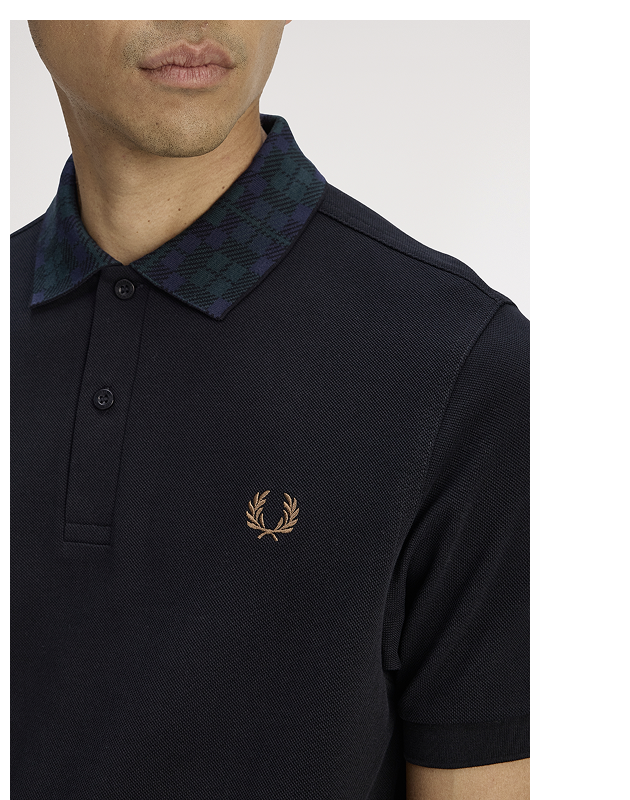 Close up of a Fred Perry Black Watch Tartan Collar Polo