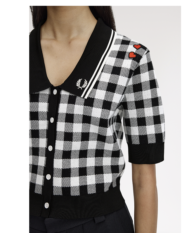 Close up of a Fred Perry x Amy Winehouse Foundation Gingham Knitted Shirt in Black