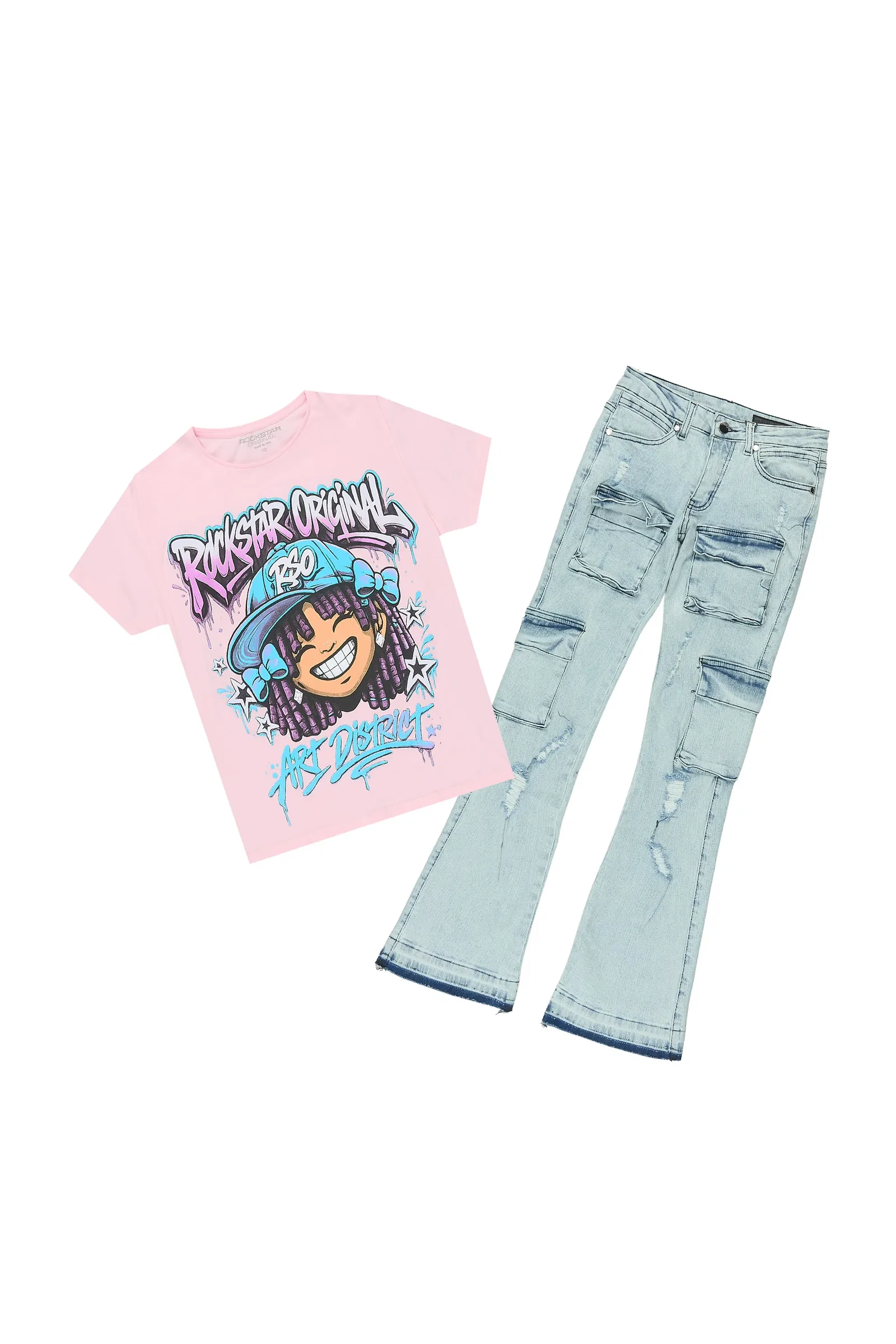Image of Girls Aze Pink/Light Wash T-Shirt Stacked Jean Set