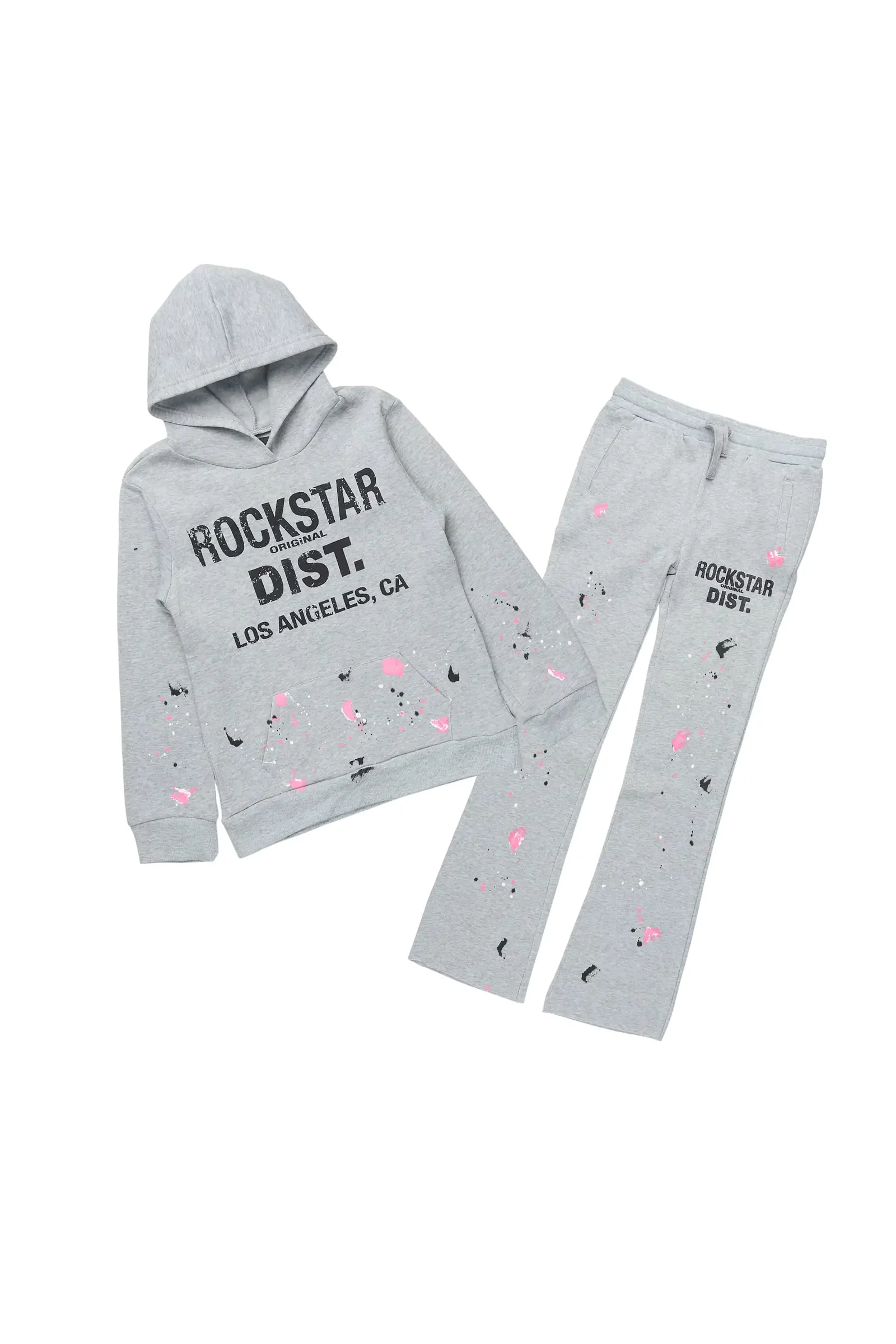 Image of Girls Scatie 2.0 Heather Grey/Pink Hoodie/Stacked Flare Track Set