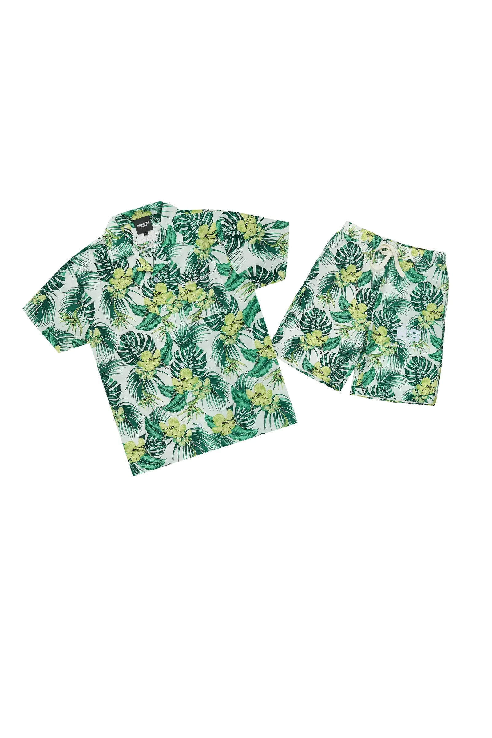 Image of Boys Puka Cream/Green Button Down Shirt/Short Set