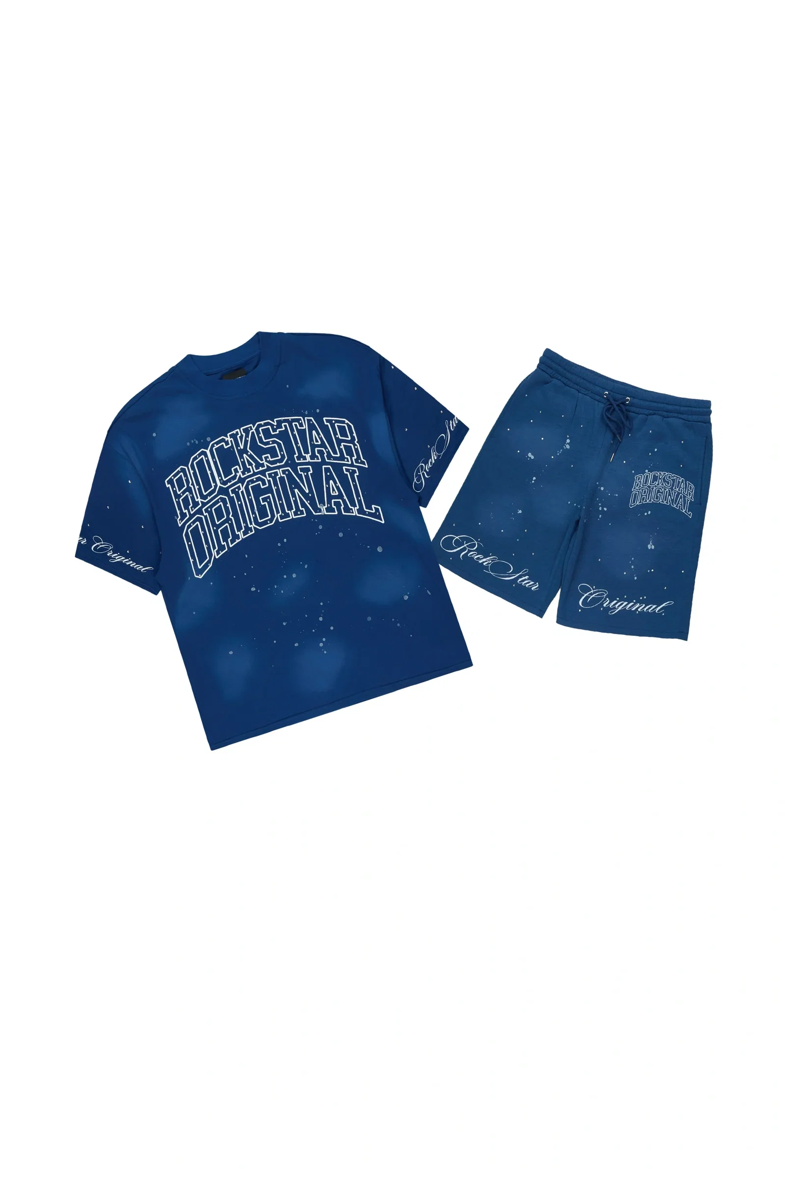 Image of Boys Dripped Navy Rhinestone Oversized T-Shirt/Short Set