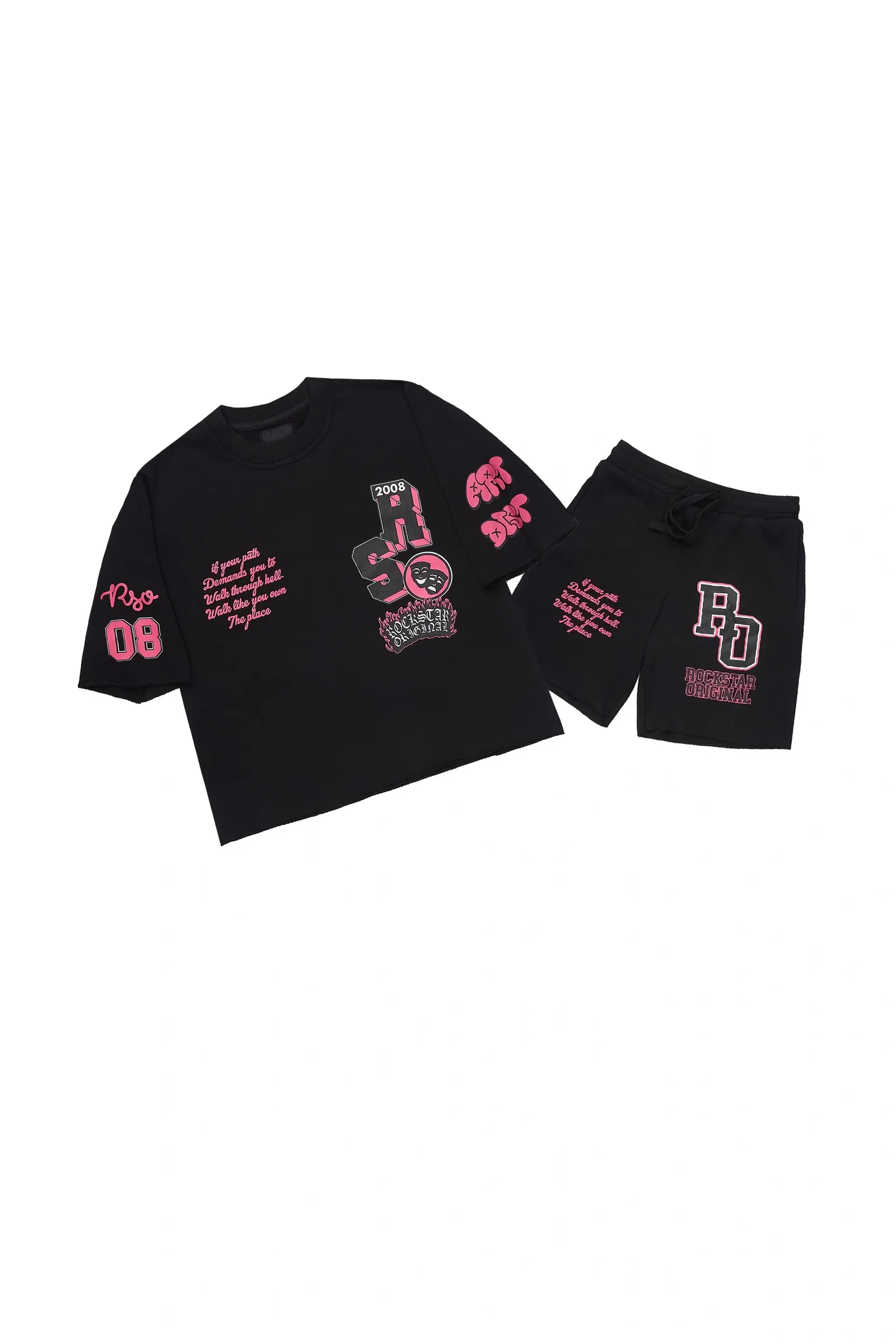Image of Girls Leslee Black/Pink Boxy T-Shirt Short Set
