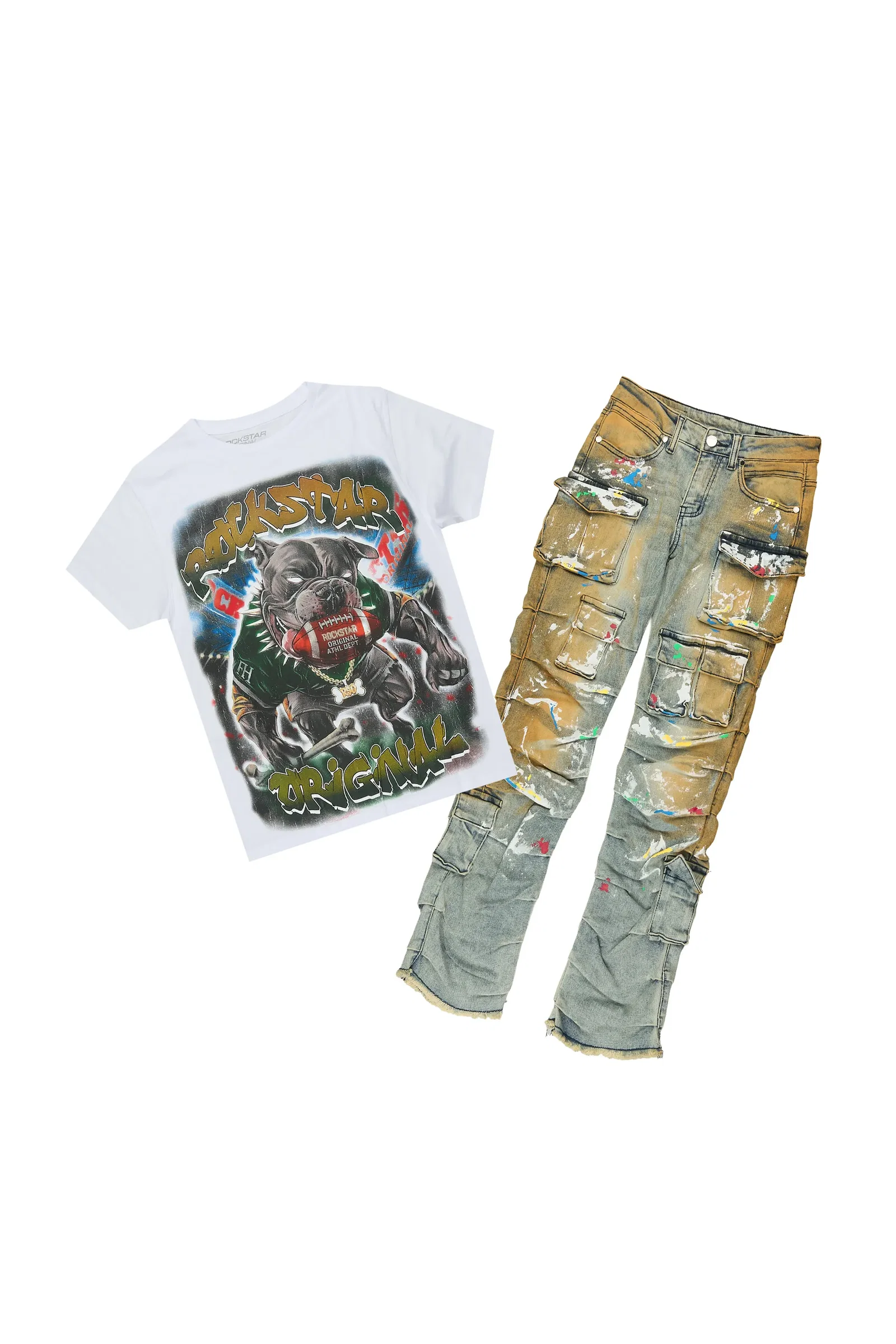 Image of Boys Nitro 2.0 White/Tint T-Shirt/Stacked Painter Jean Set