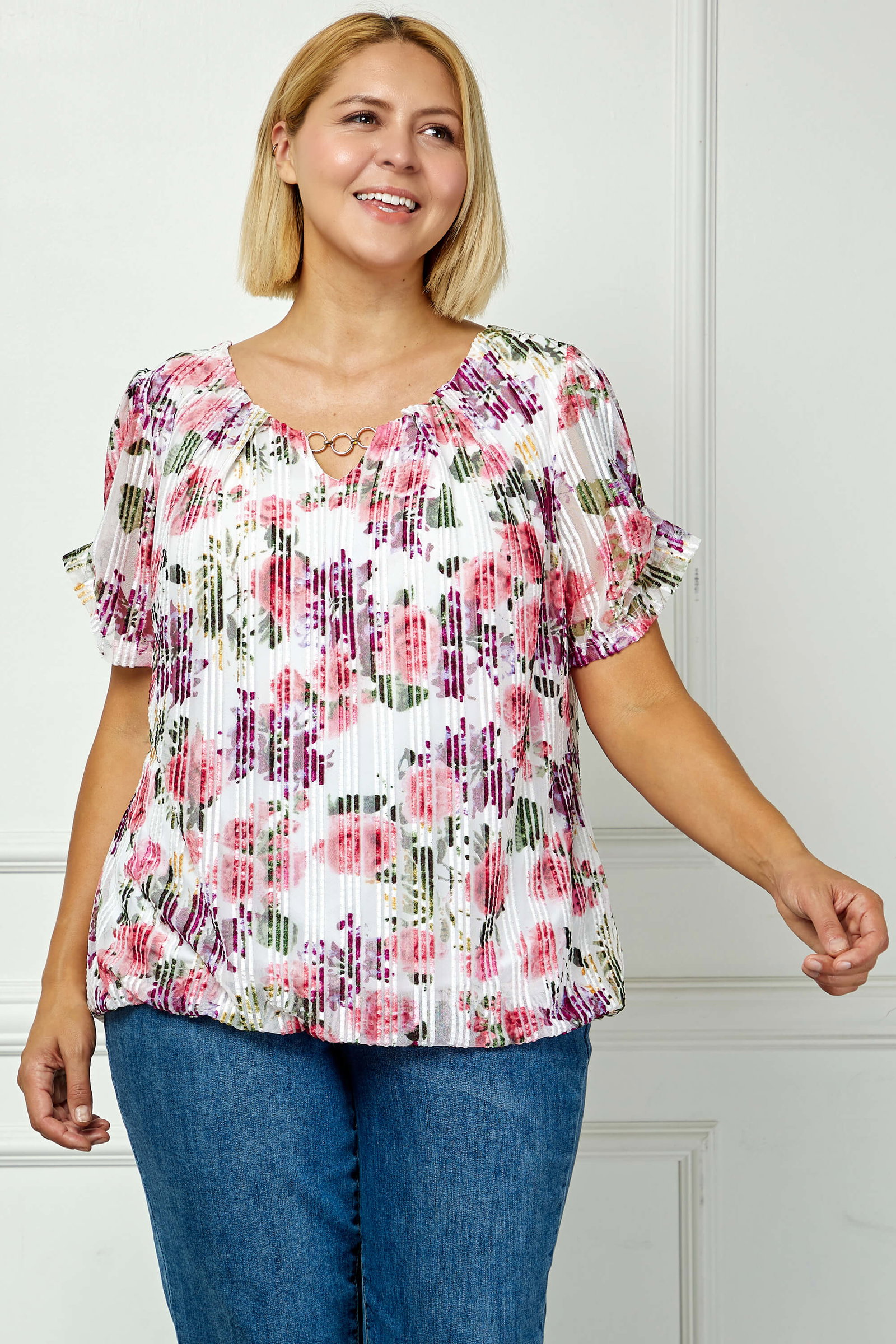 Image of Step Sleeve Cutout Trim Bubble Blouse in Pink - Plus
