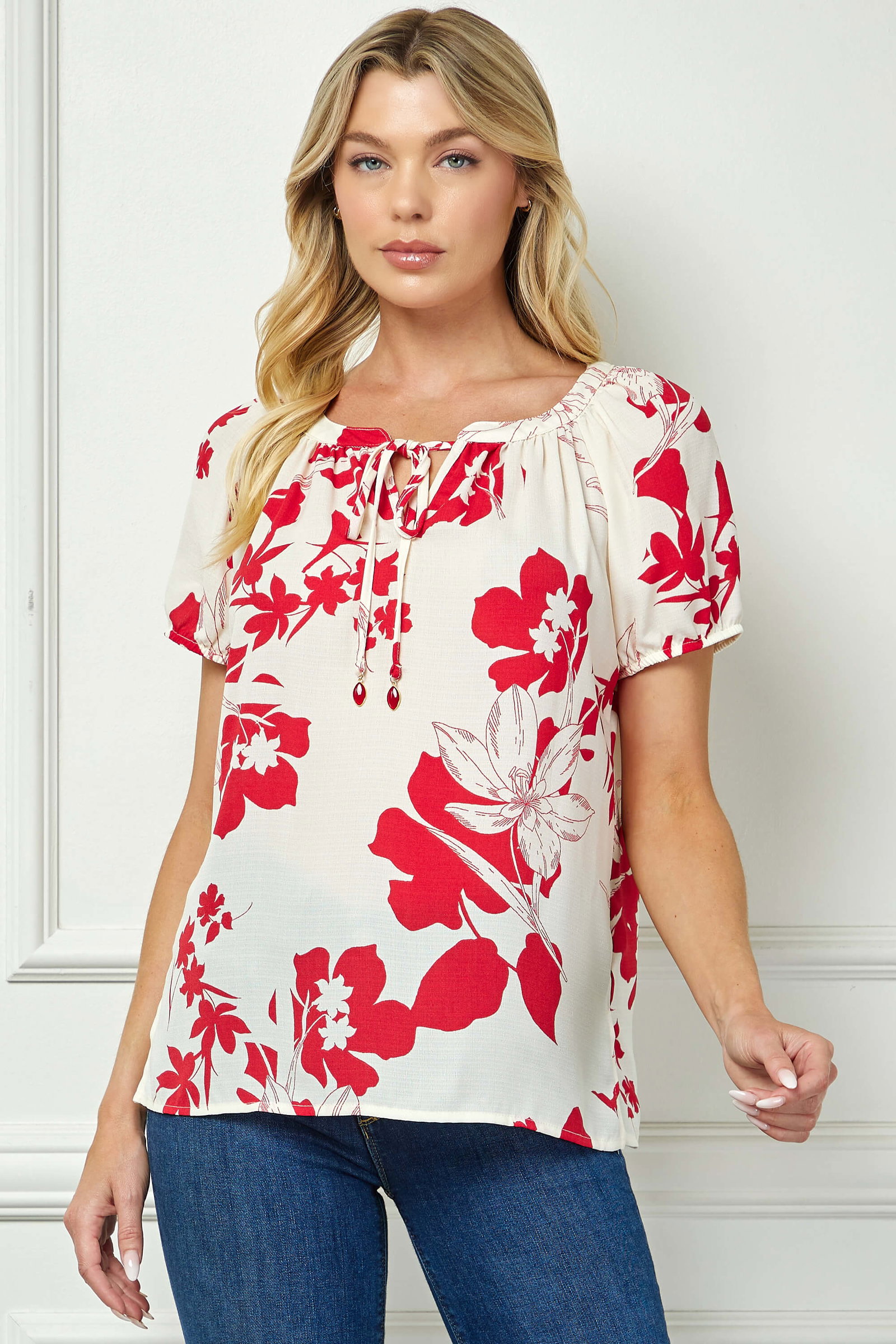 Image of Short Sleeve Beaded Tie Neck Mandarin Collar Blouse in Red/Cream