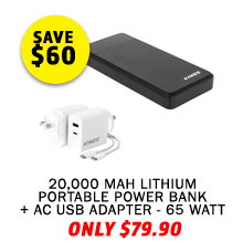 20000 mAH Lithium Portable Power Bank + AC USB Adapter - 65 Watt