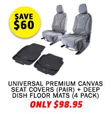 Universal Premium Canvas Seat Covers (Pair) + Deep Dish Floor Mats (4 Pack)
