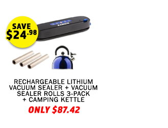 Rechargeable Lithium Vacuum Sealer + Vacuum Sealer Rolls 3-Pack + Camping Kettle