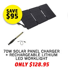 70W Solar Panel Charger + Rechargeable Lithium LED Worklight