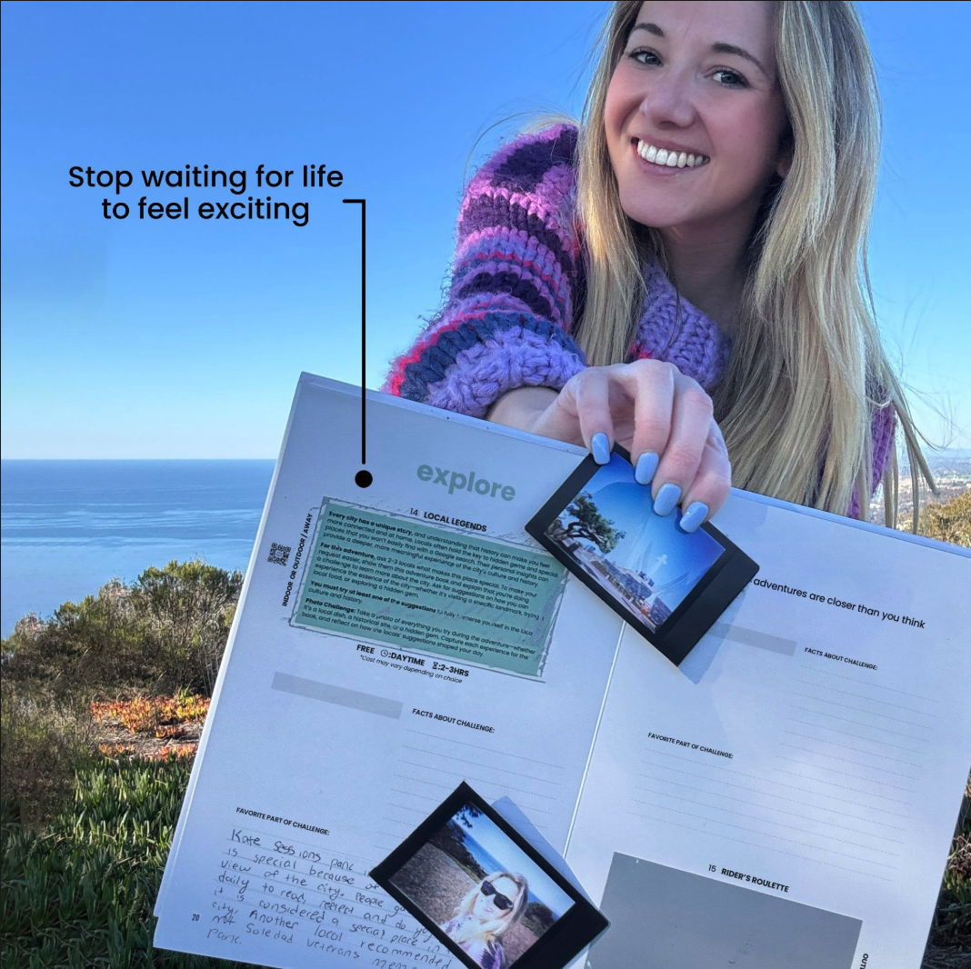 A smiling woman holds open an Adventure Challenge book with instant photos clipped to the pages, overlooking the ocean. Text reads: “Stop waiting for life to feel exciting.”