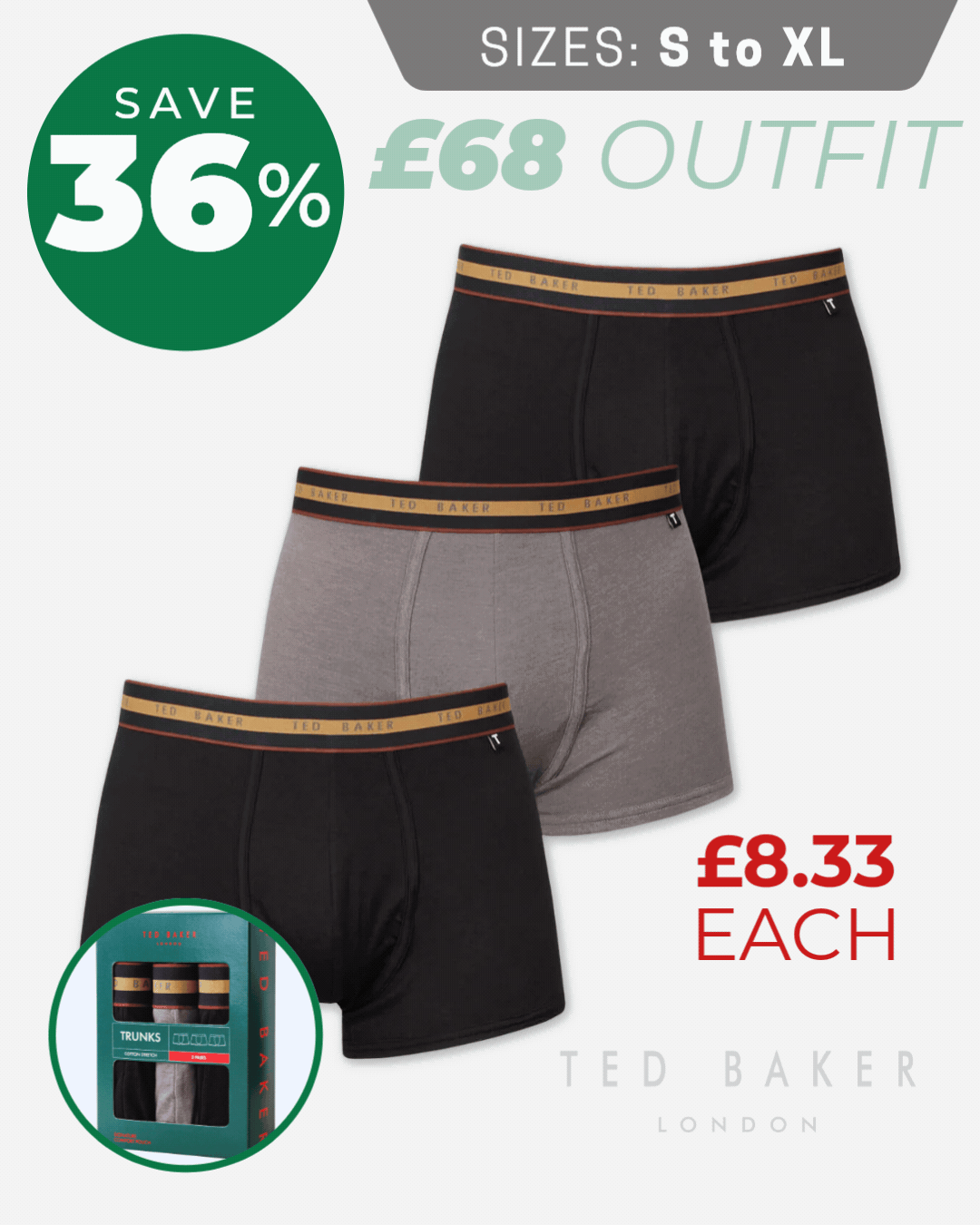 Ted Baker Mens Three Pack Cotton Trunk Breathable Boxer Briefs