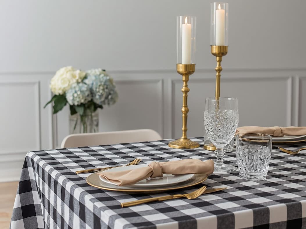Elegant table with checkered tablecloth, beige napkins, iridescent goblets and gold candle stands