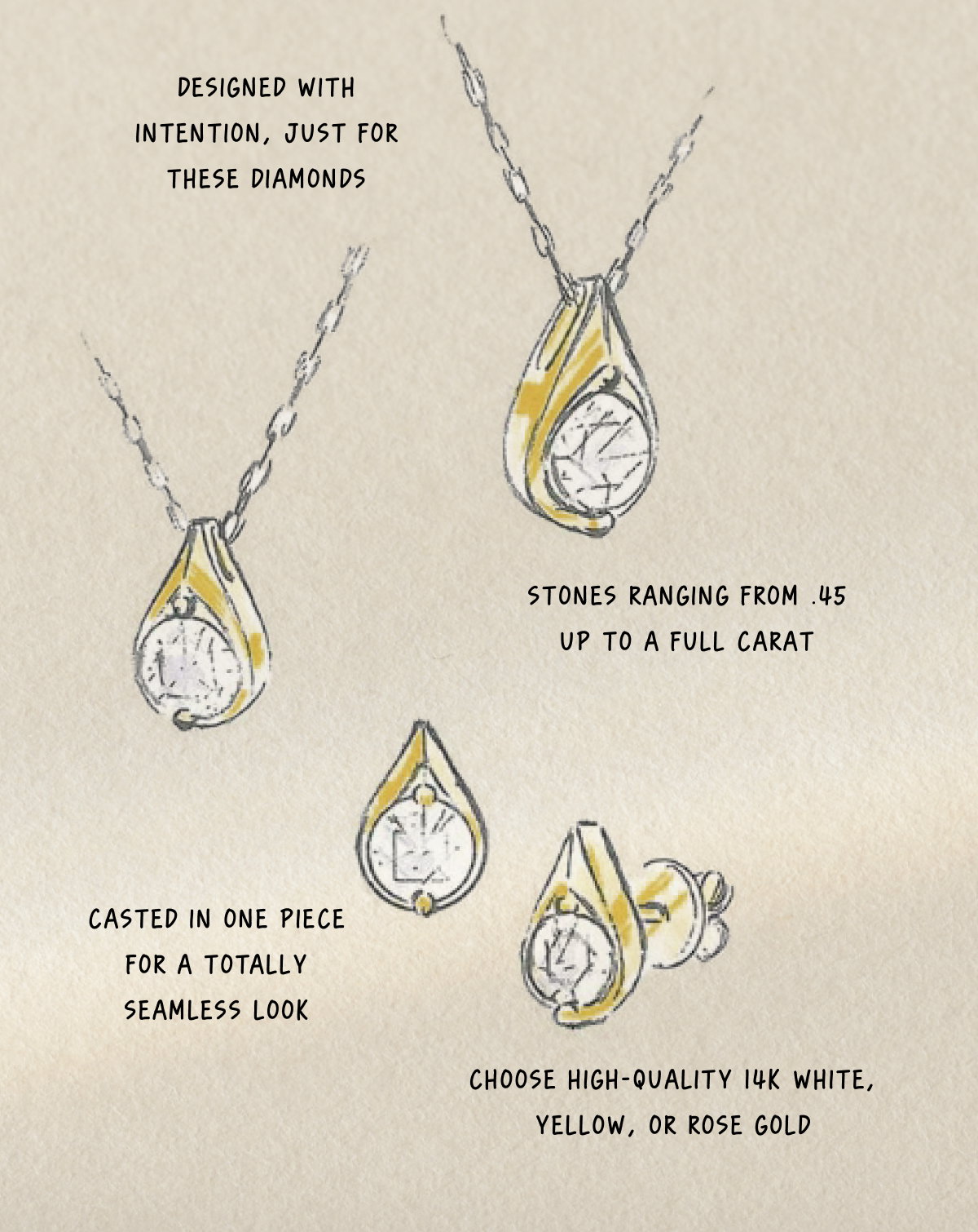 • Designed with intention, just for these diamonds • Stones ranging from .45 up to a full carat • Casted in one piece for a totally seamless look • Choose high-quality 14k white, yellow, or rose gold