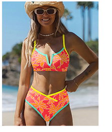 Tropical Print V-Wire Crisscross Back Bikini Set（with Sewn-In Cups ）