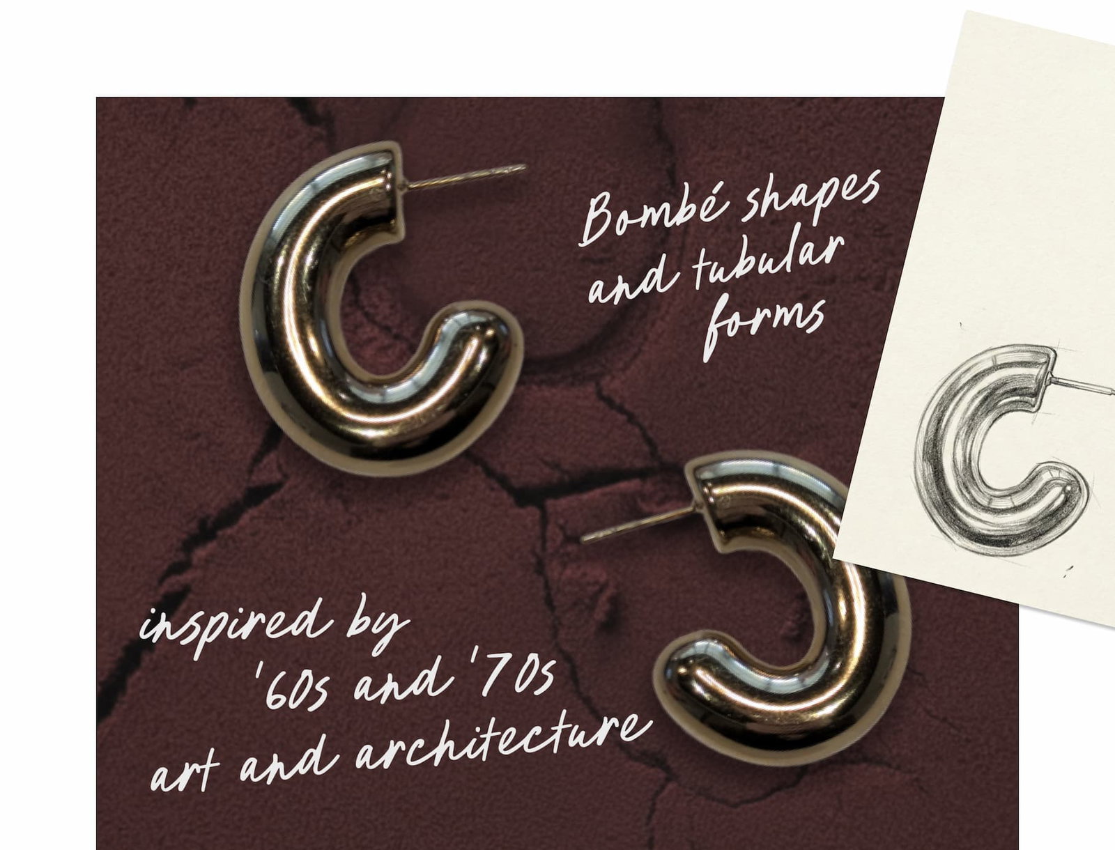 Mejuri tubular hoops with a design sketch, inspired by '60s and '70s art and architecture.