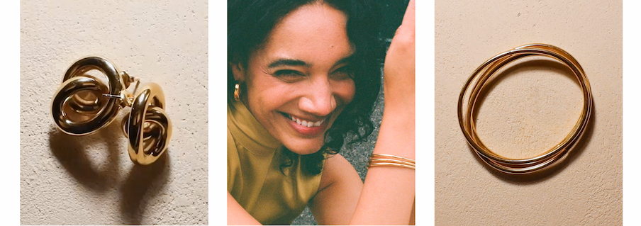 Three-panel shot of Mejuri earrings, a woman smiling, and a set of bangles.