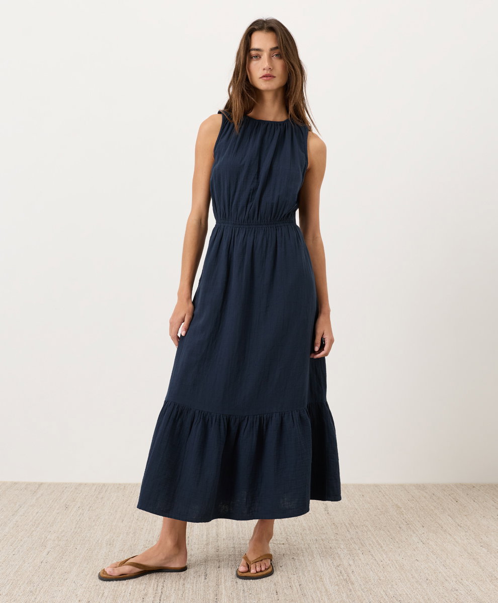 Image of Women's Coastal Double Gauze Tiered Midi Dress
