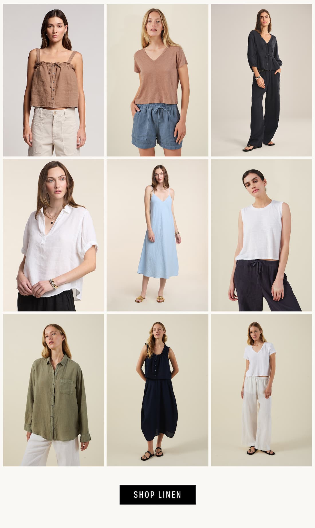 Image shows a model wearing the Stephanie Top in Beach, a model wearing the Tana Top with the Fae Skirt in Navy, a model wearing the Mulholland Top in Axe, a model wearing the Izzie Top in Tree, a model wearing the Trinity Top in White, a model wearing the Hope Dress in Billow, a model wearing the Vivica Top in White, a model wearing the Clairo Pant in Shadow, and a model wearing the Amber Top in Tree with the Sutton Shorts in Hailstone.