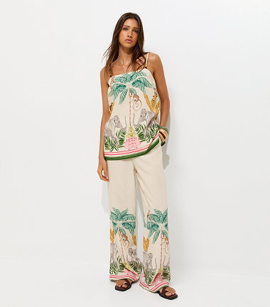 White Tropical Print Wide Leg Trousers
