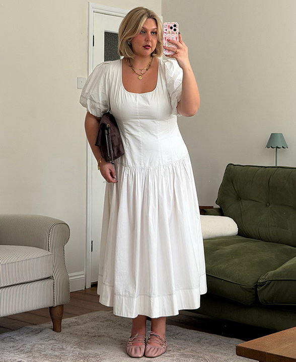 @madisoneley wearing a White Pure Cotton Drop Waist Midi Waisted Dress