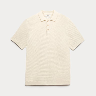 Ecru Pure Cotton Textured Knitted Polo Shirt