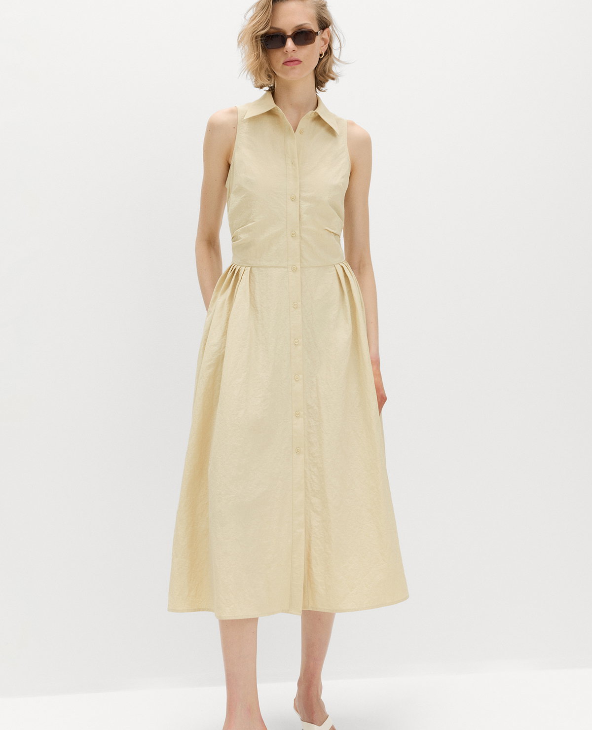 Women wearing a Light Cream Button Through Midi Shirt Dress