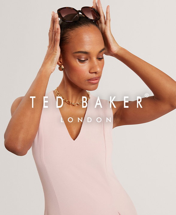 Women wearing a Ted Baker Pink V-Neck Pleat Detail Midi Skater Dress