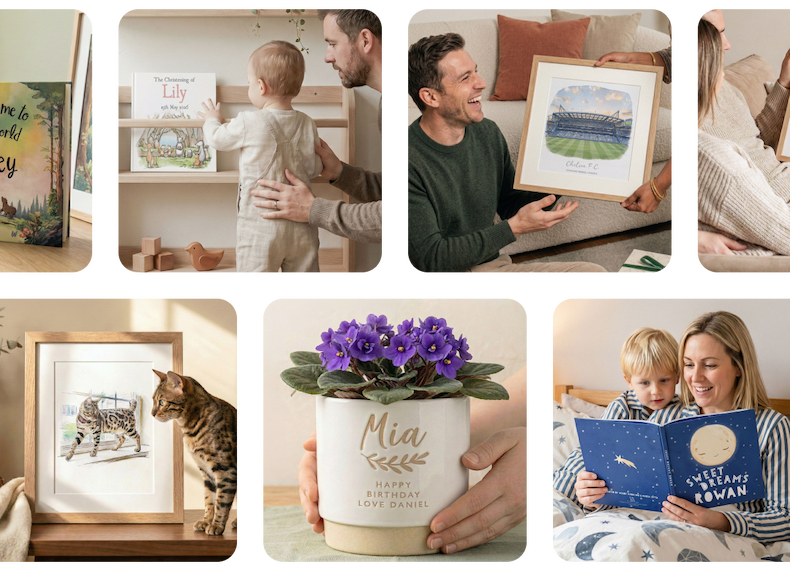 A collage of six personalised gifts being given and enjoyed, including framed illustrations, a personalised plant pot and a child's bedtime book